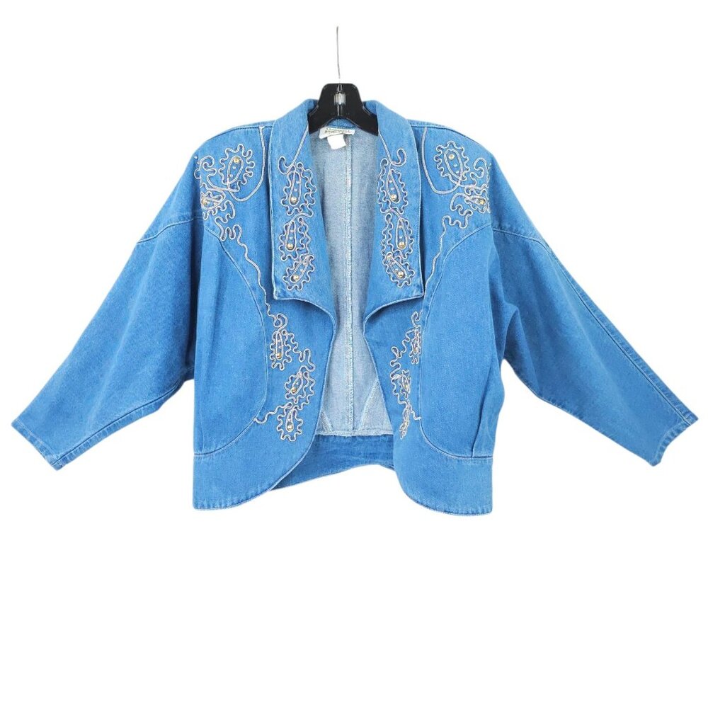 Pado Denim Western Jacket Womens S Vintage Embellished Open Front USA Made Blue